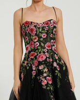 Black Multicolor Bustier Embroidered Floral A-Line Dress